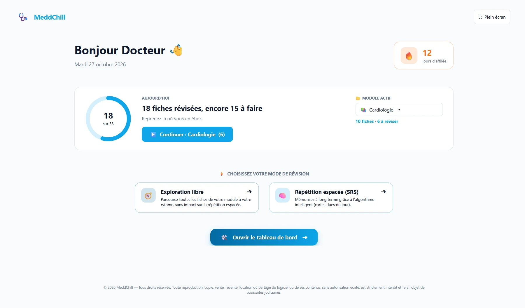Accueil : fiches révisées aujourd'hui, série de jours, module actif et modes de révision