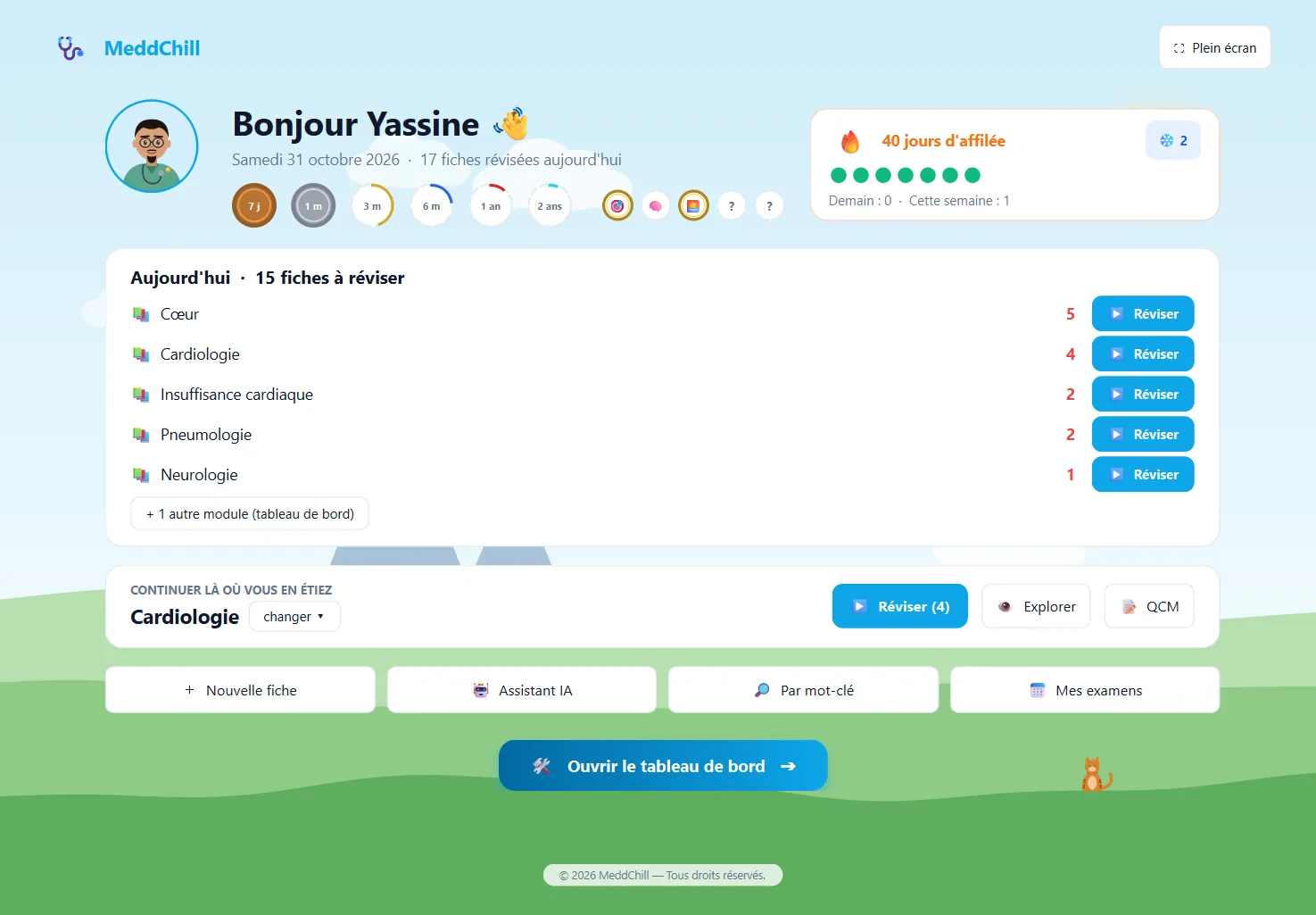 Accueil : avatar de médecin, Bonjour Yassine, badges, série de 40 jours et fiches du jour