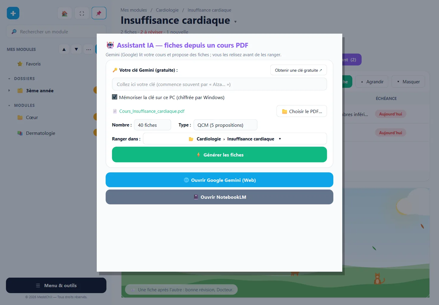 Assistant IA : un cours PDF choisi, type de fiches QCM, bouton Générer les fiches
