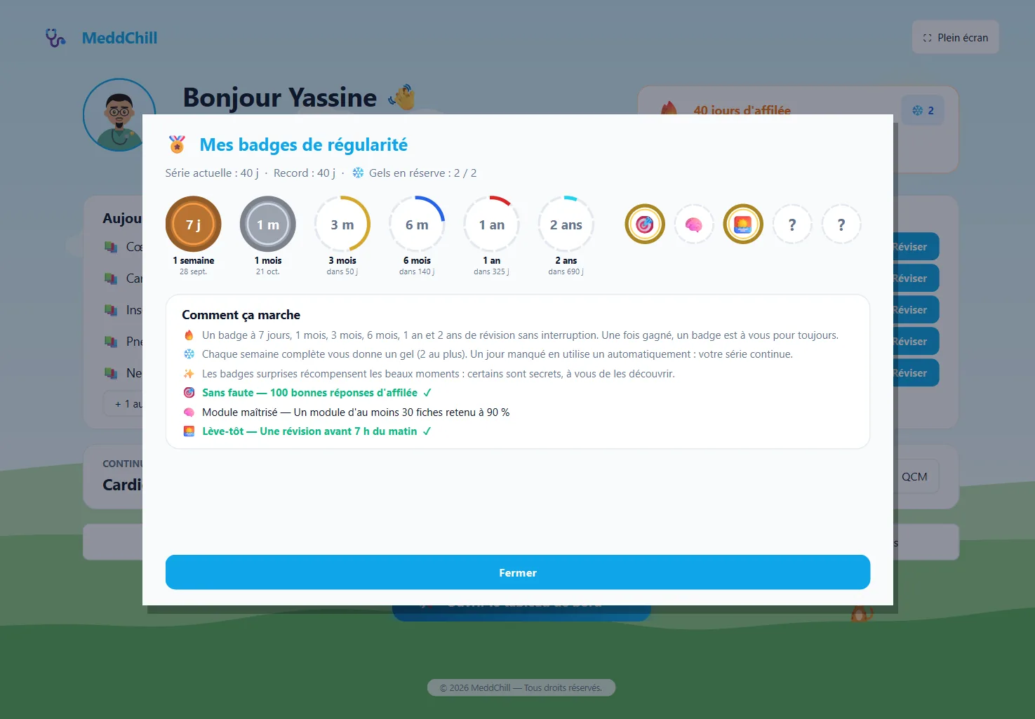 Mes badges de régularité : badges de série 7 jours, 1 mois, 3 mois, 6 mois, 1 an, 2 ans et badges surprises