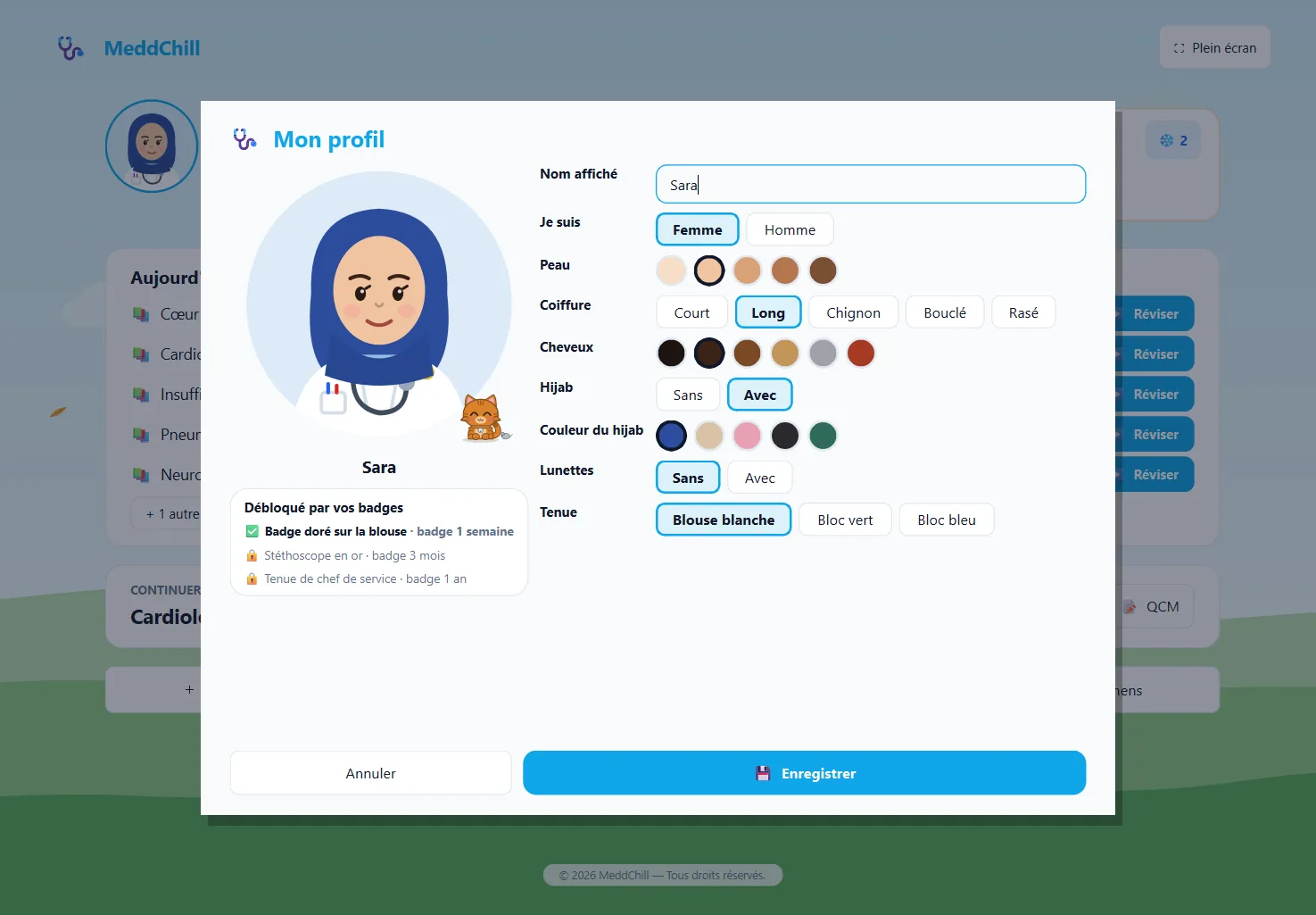 Fenêtre Mon profil : avatar de médecin avec hijab et blouse blanche, choix de la peau, coiffure, couleur et tenue