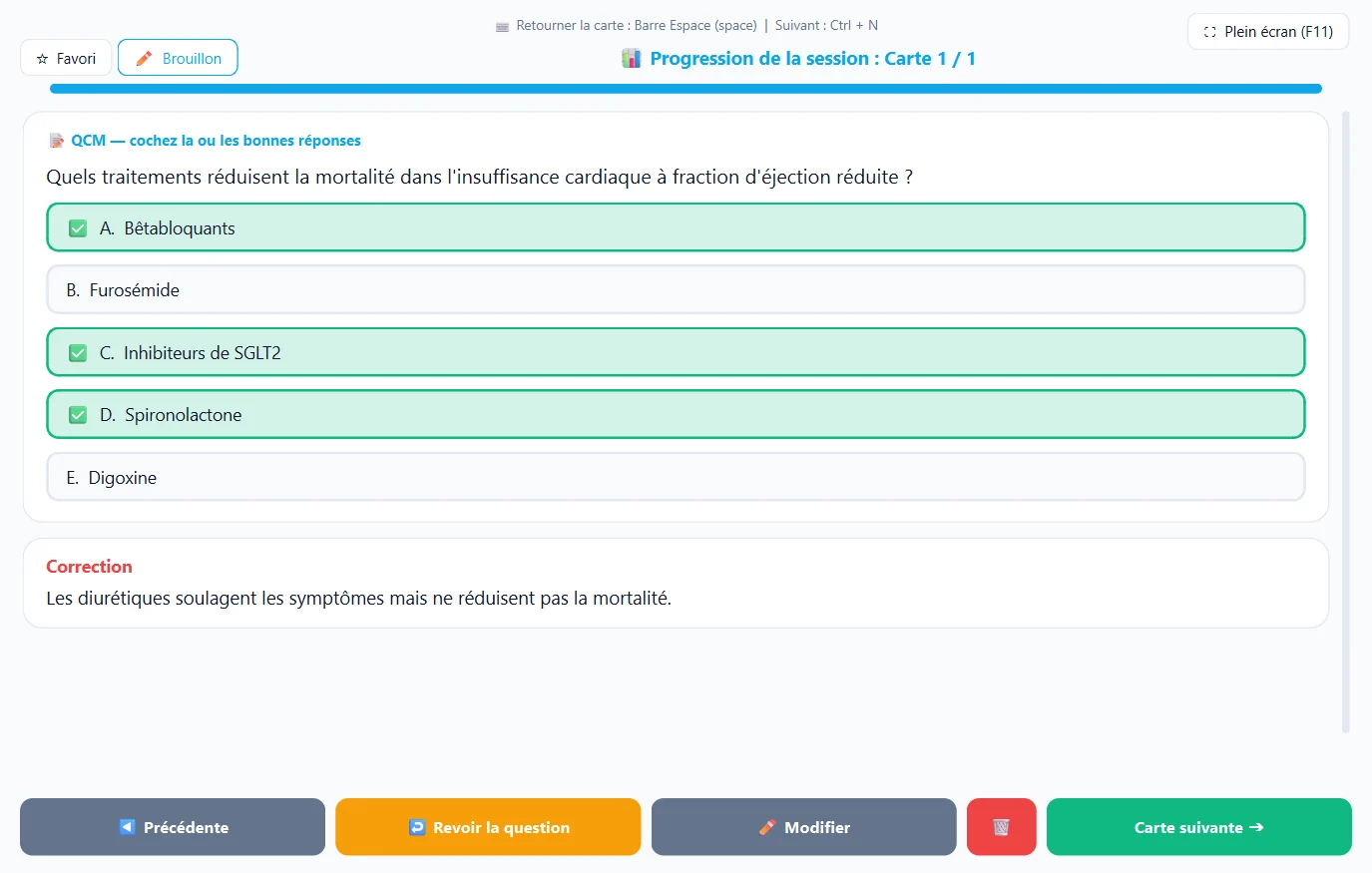 Fiche QCM corrigée : bonnes réponses en vert et explication de la correction