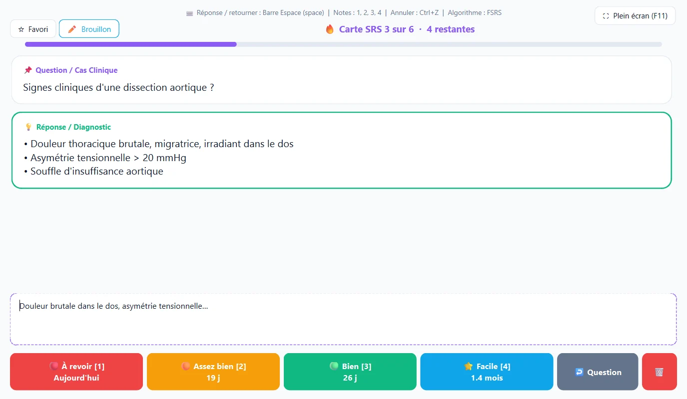 Révision FSRS : question, réponse, brouillon de réponse et boutons À revoir, Assez bien, Bien, Facile avec les prochains intervalles