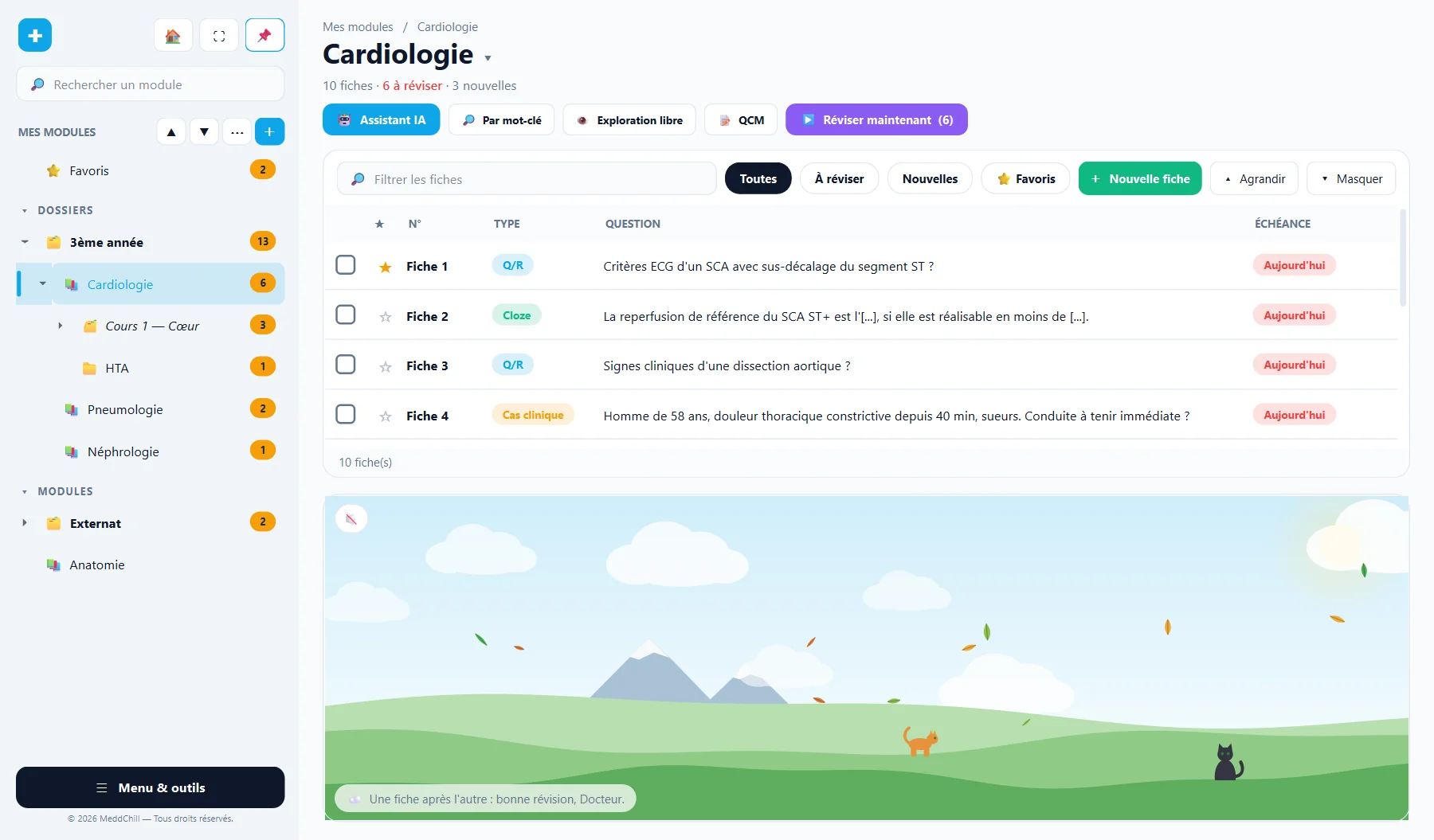 Tableau de bord de MeddChill : modules rangés par dossiers, liste des fiches de cardiologie, bouton Réviser maintenant et ciel animé